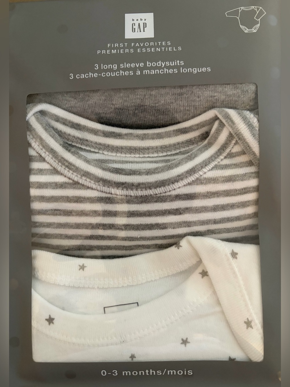 GAP-Baby First Favourite 3pk 100% cotton Long-Sleeve Bodysuits (size 0-3mth/grey